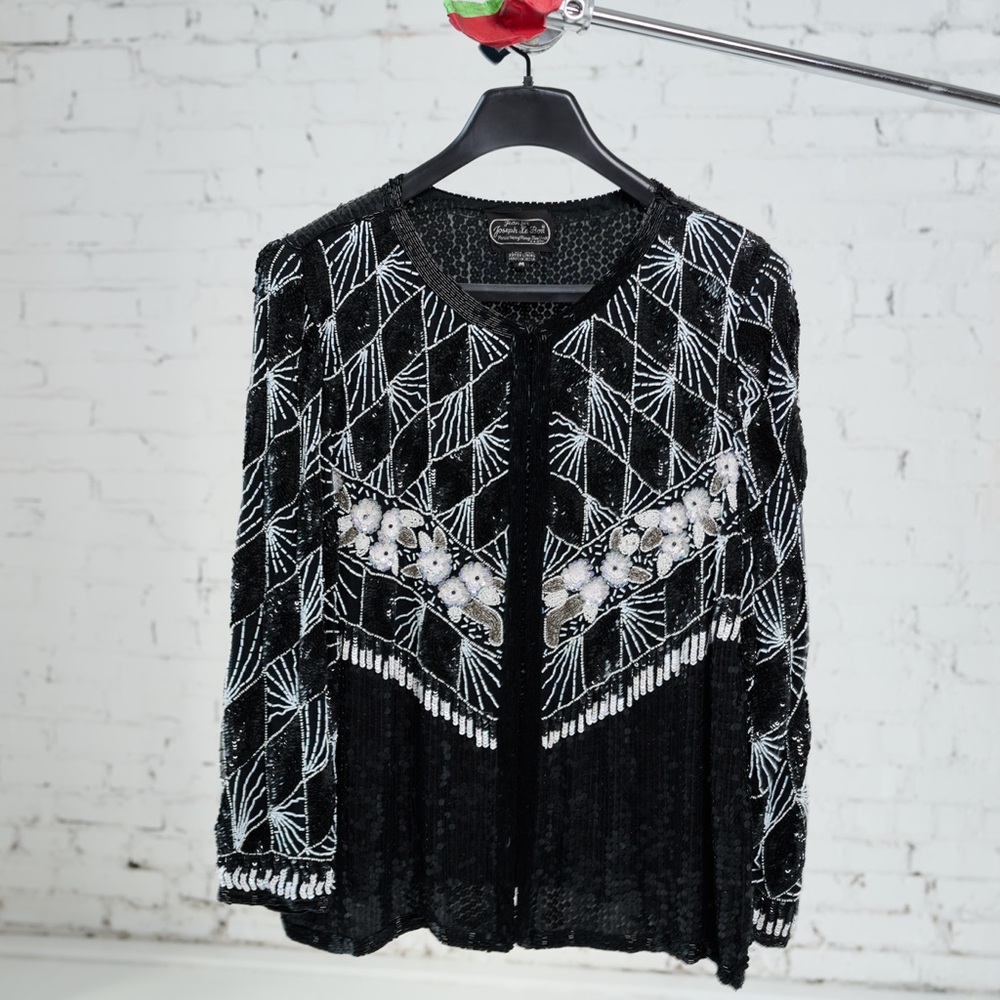 VINTAGE Sequin Beaded PURE SILK jacket with shoulder pads size medium